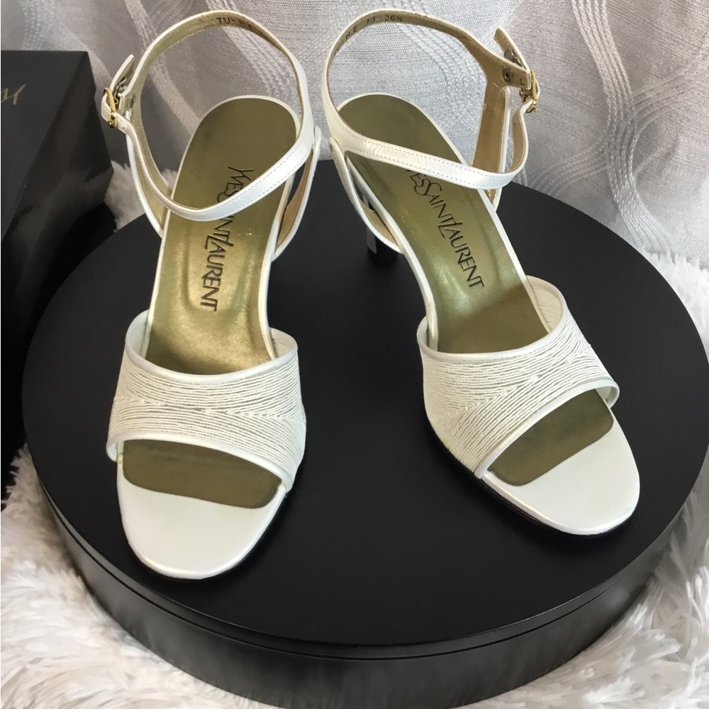 Yves Saint Laurent White Textured Front-Band Ankle-Strap Sandals
